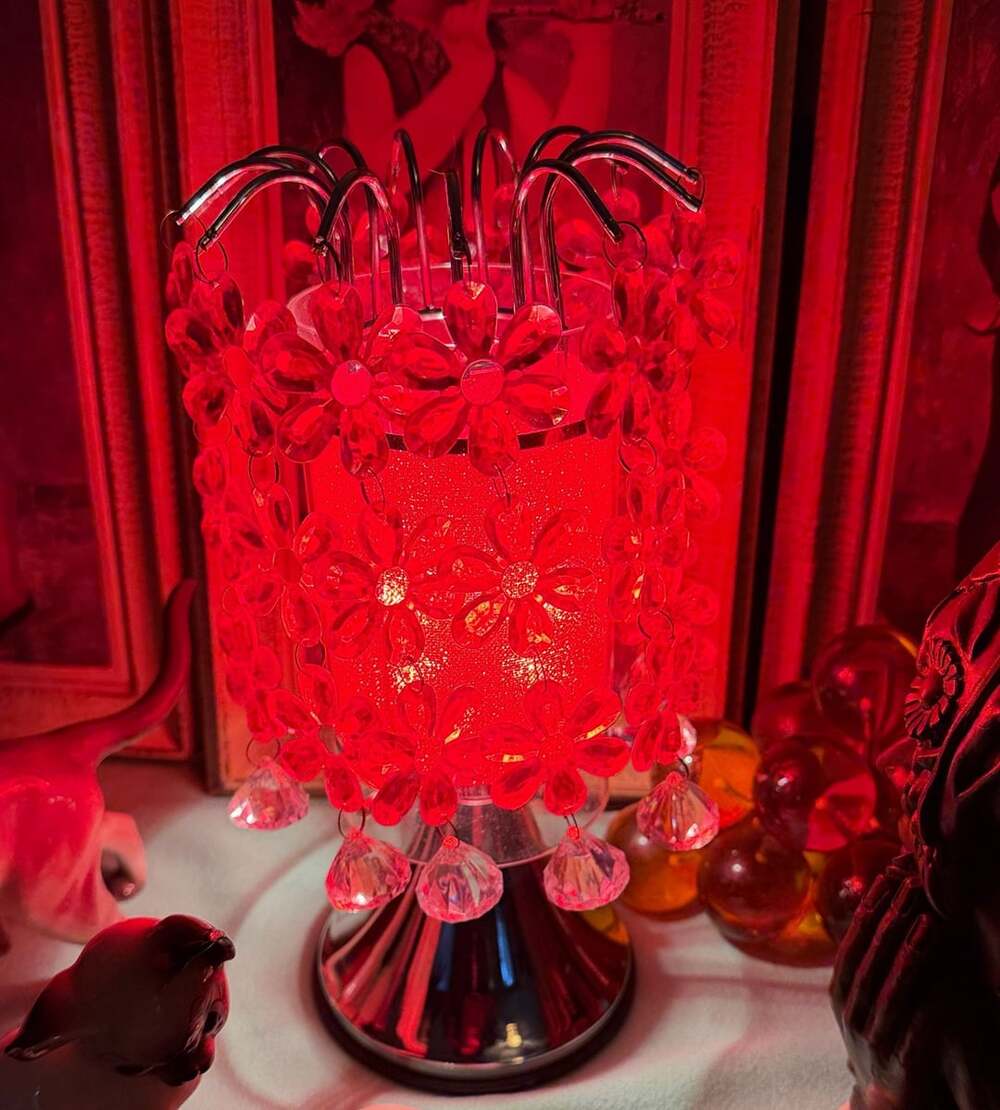 Vintage Red Beaded Flower Accent Table Lamp with Silver Tone Base